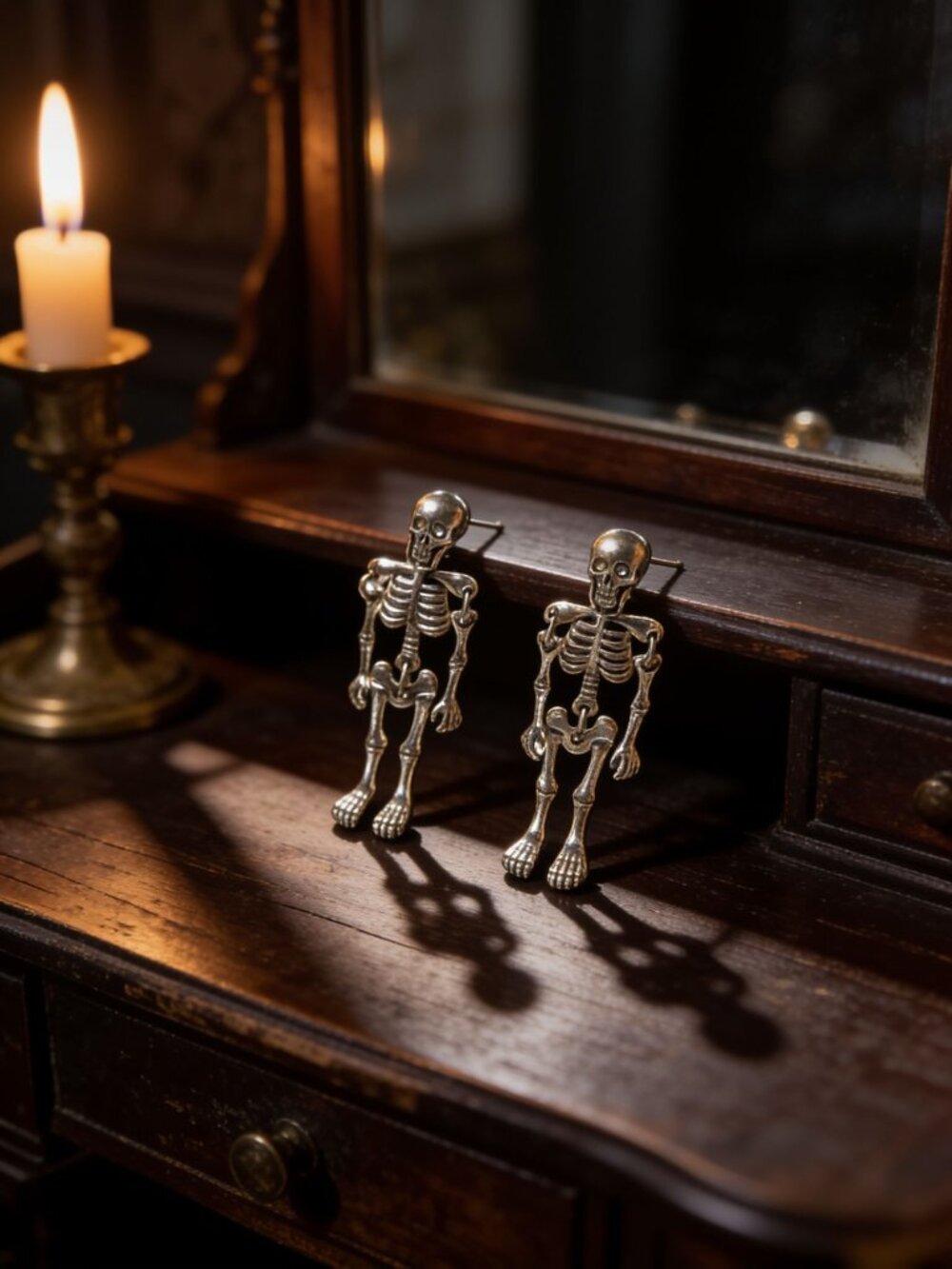 vintage silver tone articulation skeleton dangle earrings
